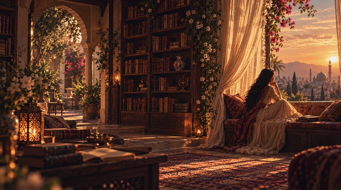 A candlelit reading nook in an old city at sunset, bookshelves and lanterns, a reader gazing over rooftops and domes