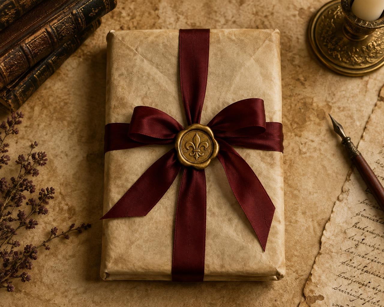 A book wrapped in parchment with a burgundy ribbon and gold wax seal
